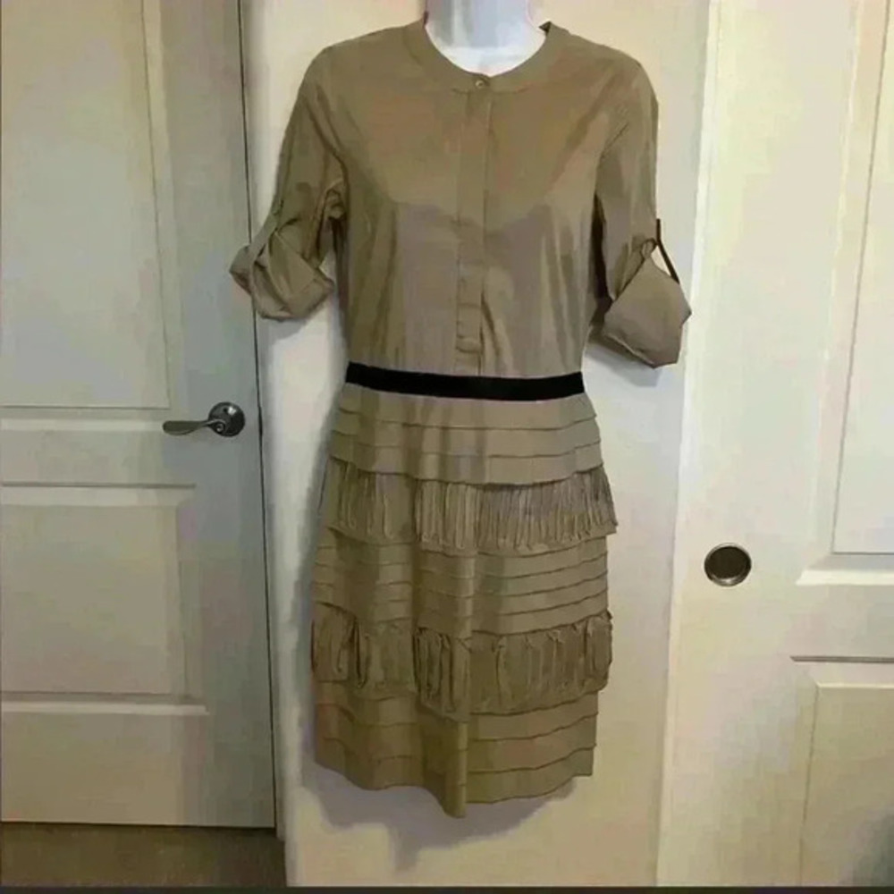 𝅺bcbgmaxazria Brown Ruffle with 3/4 Long Sleeves Dress